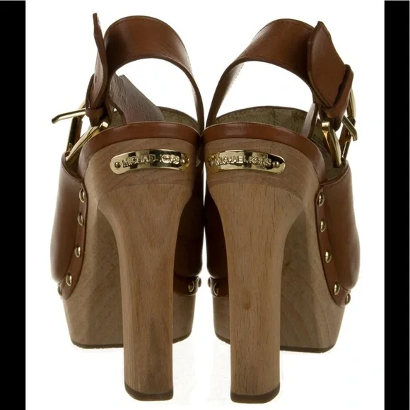 Michael Kors Brown Genuine Leather Wooden Slingback Clogs Size 8 - Picture 4 of 5